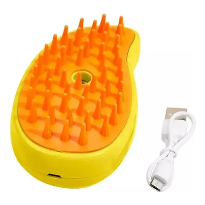 Cepillo de vapor autolimpiante para gatos en color amarillo con picos naranjas y cable USB.